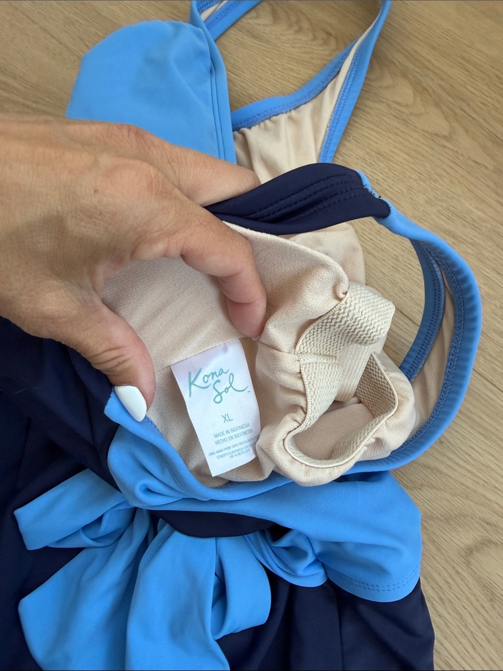 Kona Sol Navy and Light Blue One-Piece Swimsuit with Waist Tie - Picture 2 of 2
